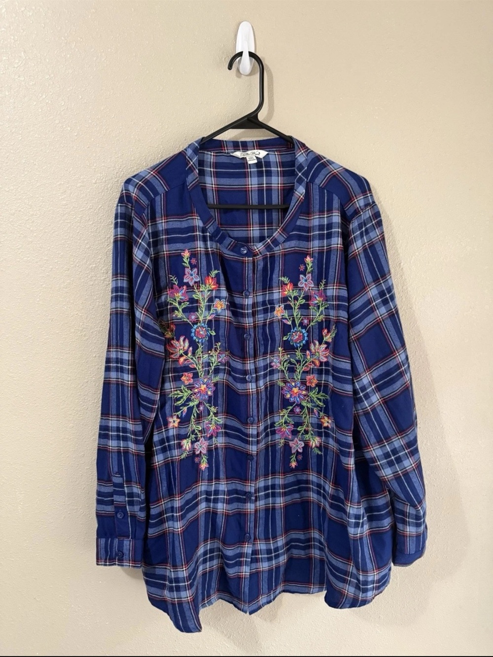 Pioneer Woman Women’s Long Sleeve Blue Pink Floral Plaid Long Sleeve Blouse XXXL